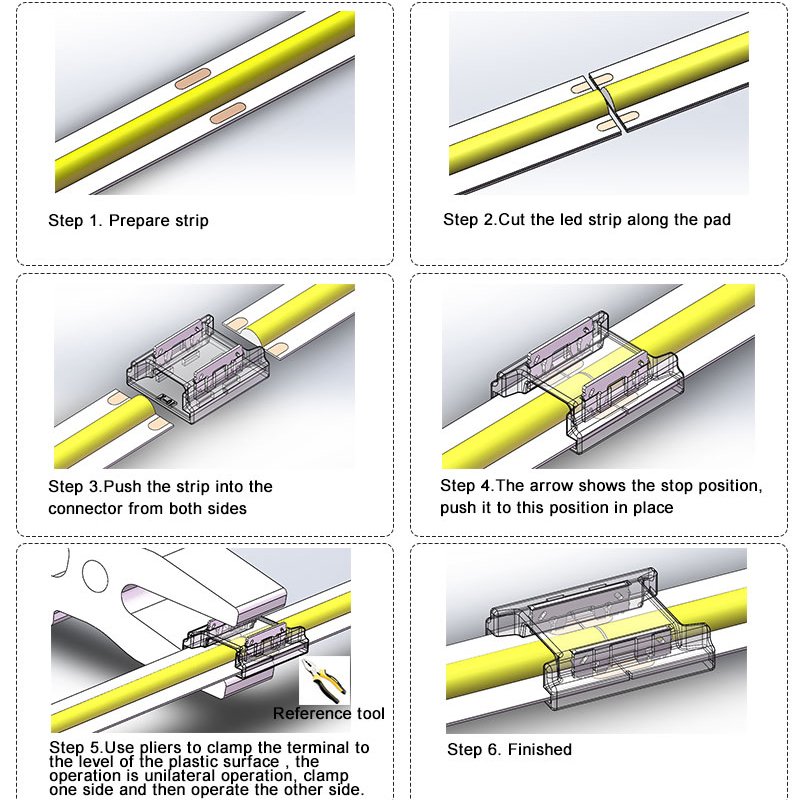 Transparent Straight clips cob led strip crystal connector 6PIN COB RGBWW 12MM pcb cob led strip connector