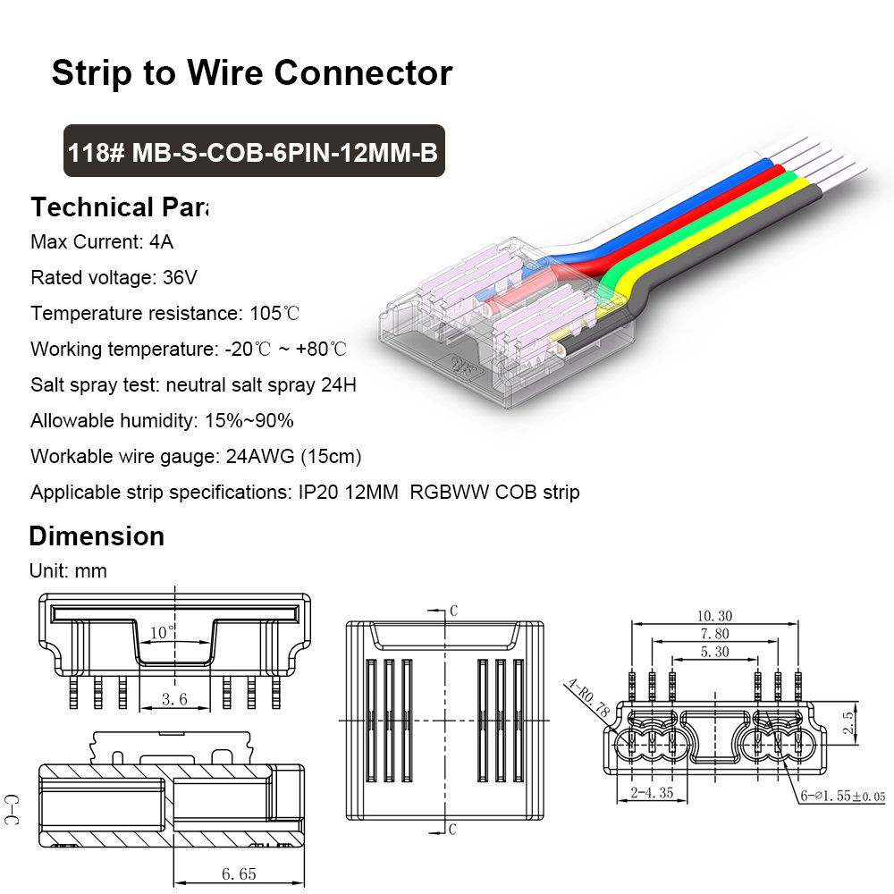 Transparent Straight clips cob led strip crystal connector 6PIN COB RGBWW 12MM pcb cob led strip connector