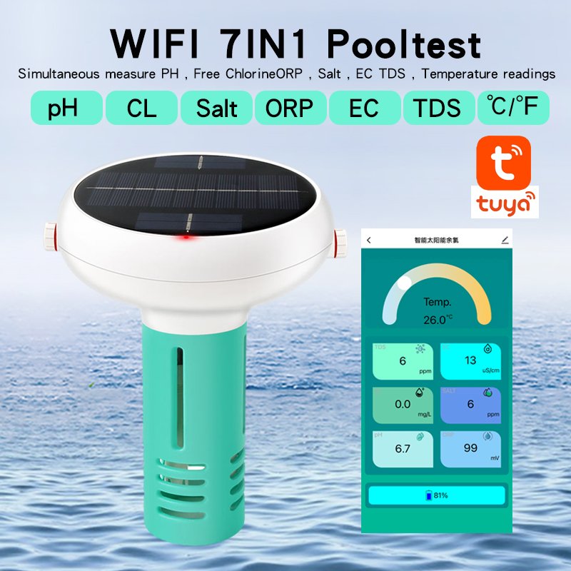 RCXAZ Zigbee Solar Waterproof Chlorometer Chlorine pH TDS EC ORP Salinity TEMP 7 in 1 Water Quality Monitor for Swimming Pools