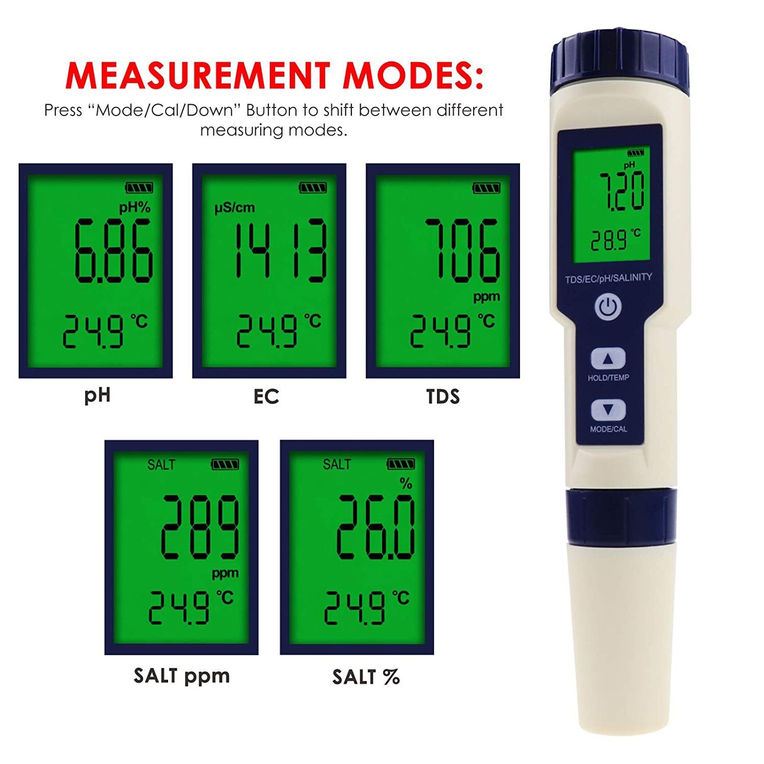 Manufacturer Top Selling 5 in 1Portable Water Quality Tester 5 parameter Digital TDS/EC/PH/Salinity/Temperature Meter