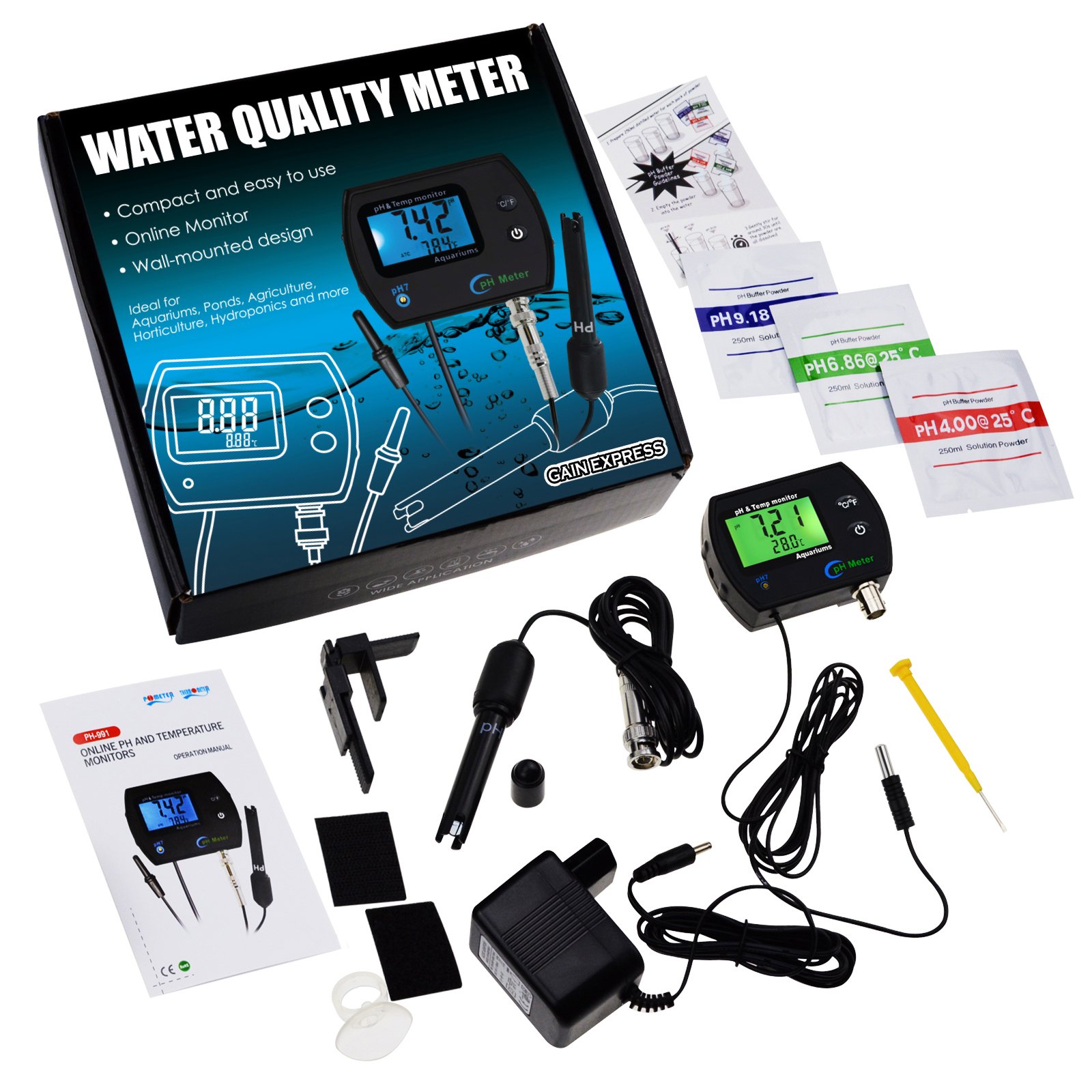 PH & Temperature 2-in-1 Continuous Monitor Meter w/ Backlight Dual Display 0.00~14.00pH degC/ degF for Aquariums Hydroponics