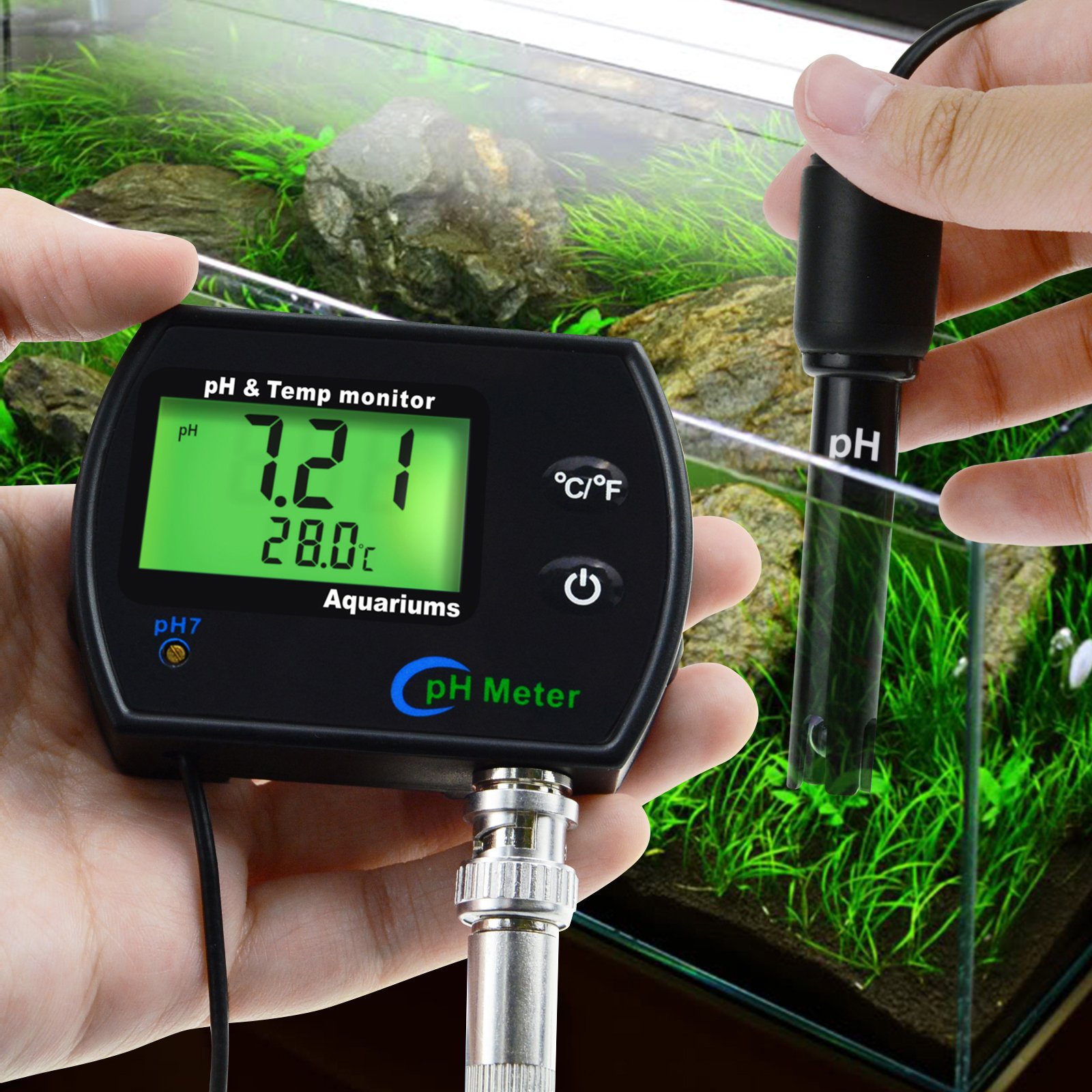 PH & Temperature 2-in-1 Continuous Monitor Meter w/ Backlight Dual Display 0.00~14.00pH degC/ degF for Aquariums Hydroponics