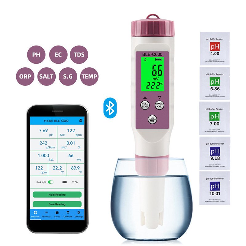 Smart Bluetooth Digital Water Quality Meter with ATC 7-in-1 pH/TDS/EC/ORP/S.G/Salinity/Temperature Tester Monitor