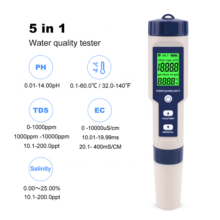 Digital portable 5 in 1 TDS/EC/PH/Salinity/Temperature Meter water quality test pen Multifunctional waterproof salinity meter