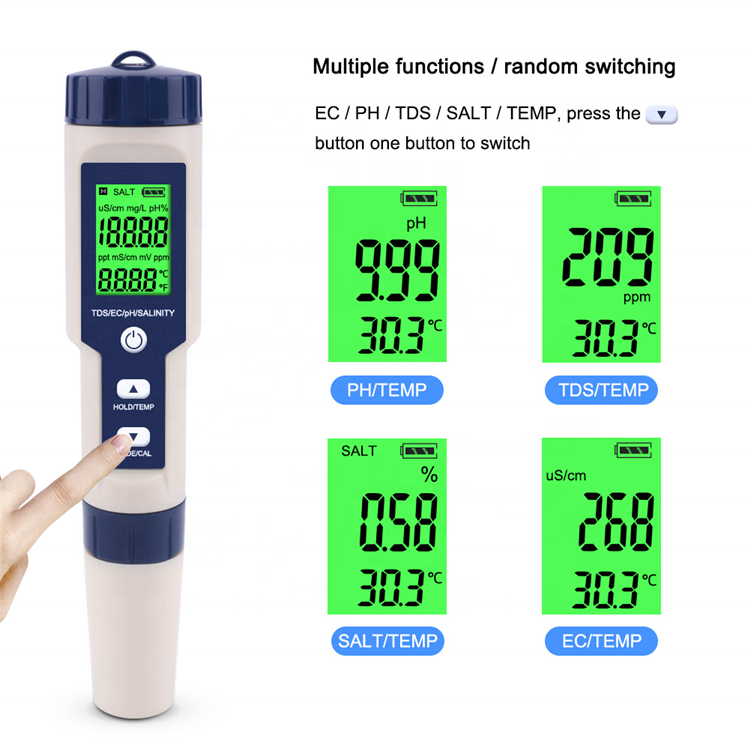 Digital portable 5 in 1 TDS/EC/PH/Salinity/Temperature Meter water quality test pen Multifunctional waterproof salinity meter