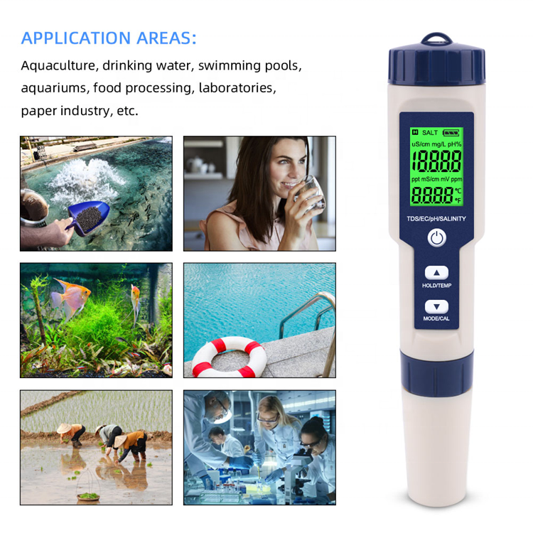 Digital portable 5 in 1 TDS/EC/PH/Salinity/Temperature Meter water quality test pen Multifunctional waterproof salinity meter