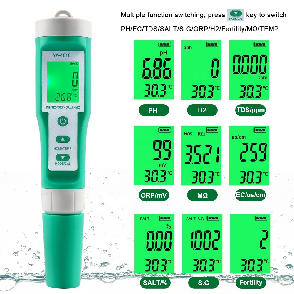 10 in 1 Food Salinity Meter PH/ORP/EC/H2 /S.G /TDS/SALT/TEMP/Resistivity Fertilizer Water Quality Tester for Food Aquarium Pool
