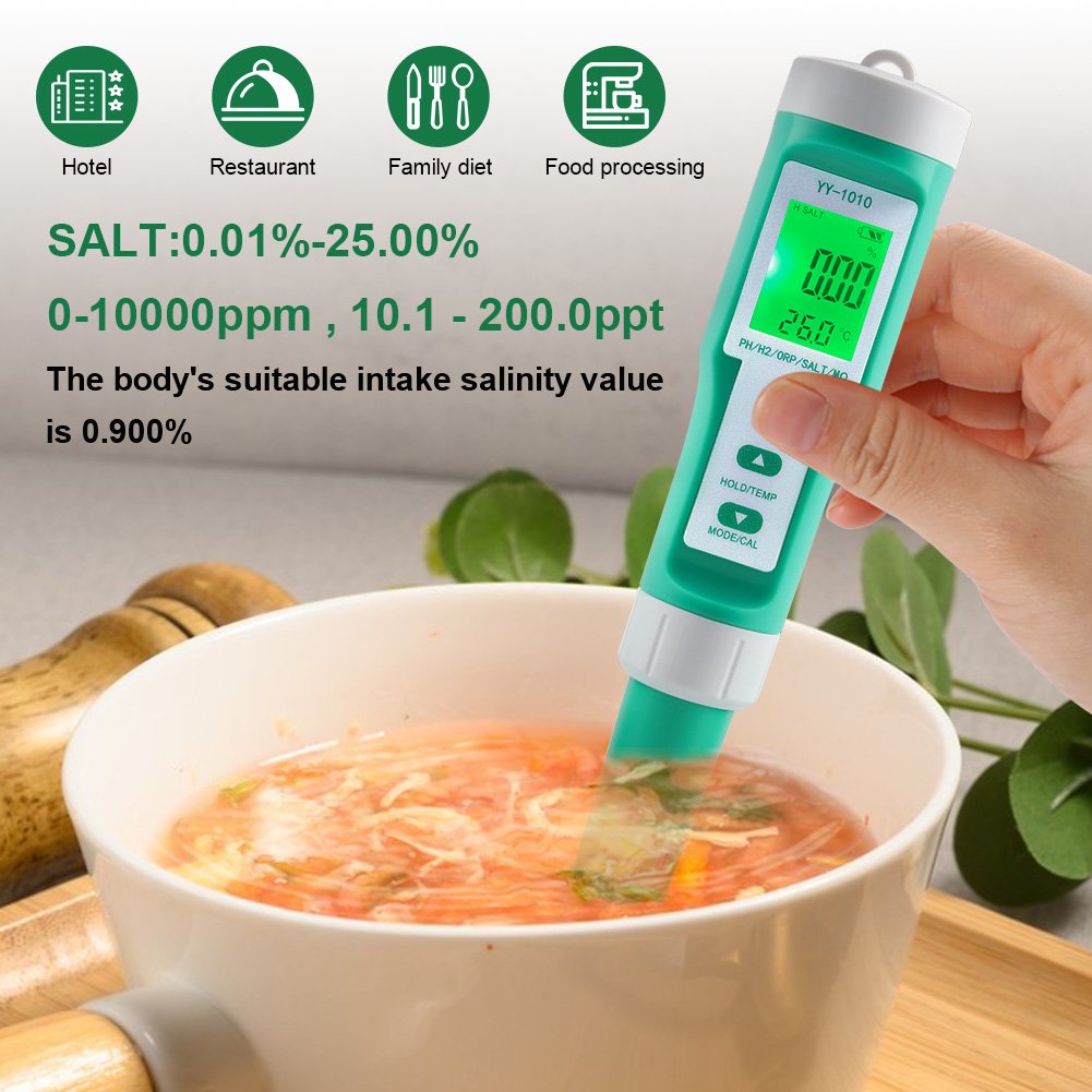 10 in 1 Food Salinity Meter PH/ORP/EC/H2 /S.G /TDS/SALT/TEMP/Resistivity Fertilizer Water Quality Tester for Food Aquarium Pool