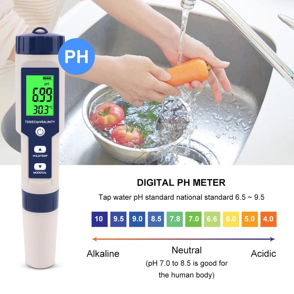 Newest 5 in 1 TDS/EC/PH/Salinity/TEMP Water Quality Tester With Electrode Replaceable Can Measured Non-sea Salinity