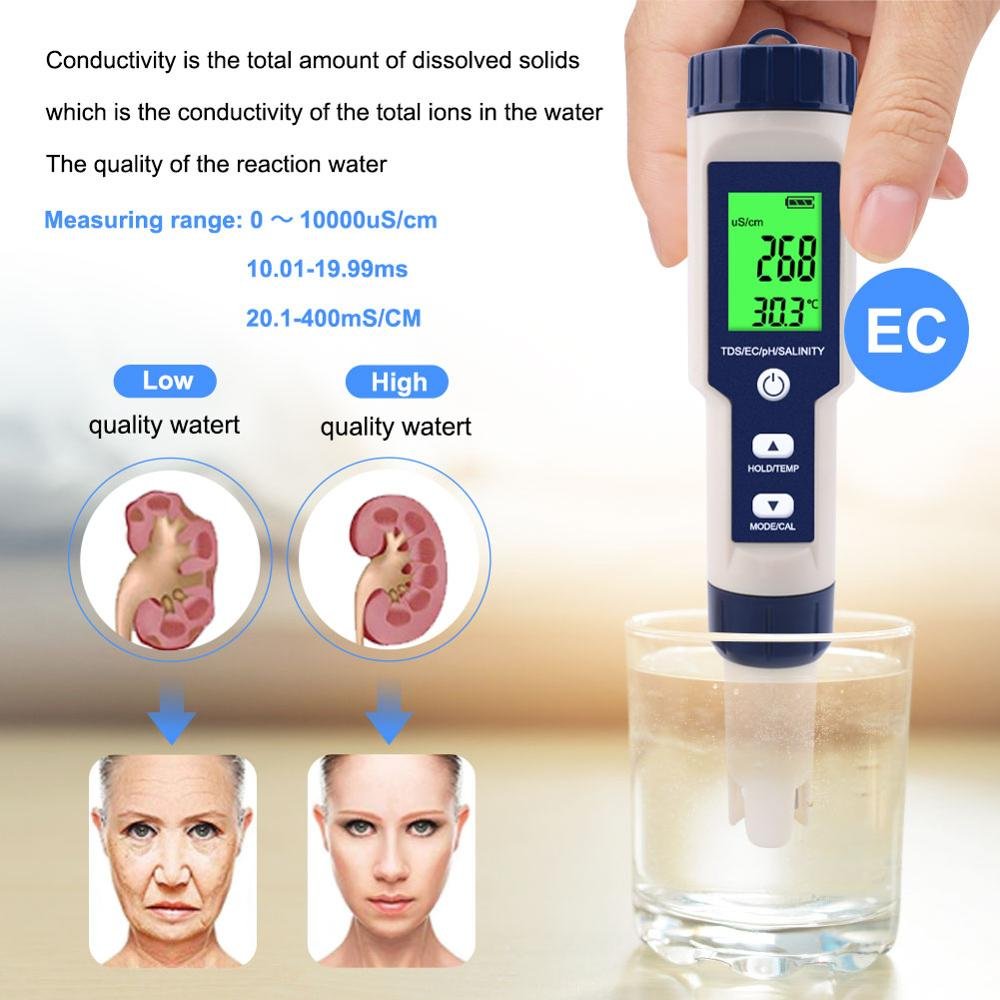 Newest 5 in 1 TDS/EC/PH/Salinity/TEMP Water Quality Tester With Electrode Replaceable Can Measured Non-sea Salinity