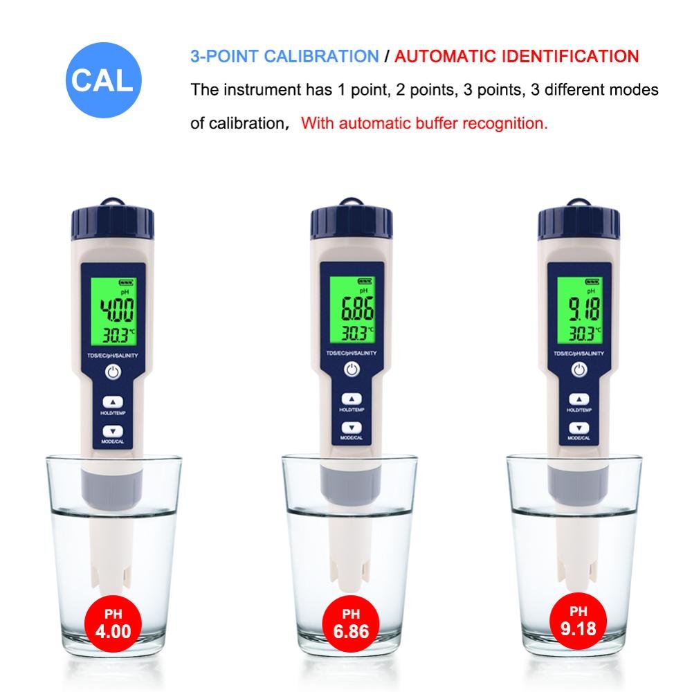Newest 5 in 1 TDS/EC/PH/Salinity/TEMP Water Quality Tester With Electrode Replaceable Can Measured Non-sea Salinity