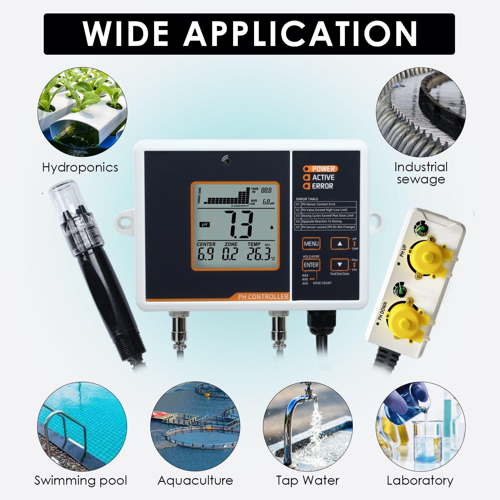 PHC-402 pH Meter Controller W/ Temperature Readings Dual Relay Function for Hydroponic Nutrient Mixes & Fish Aquariums