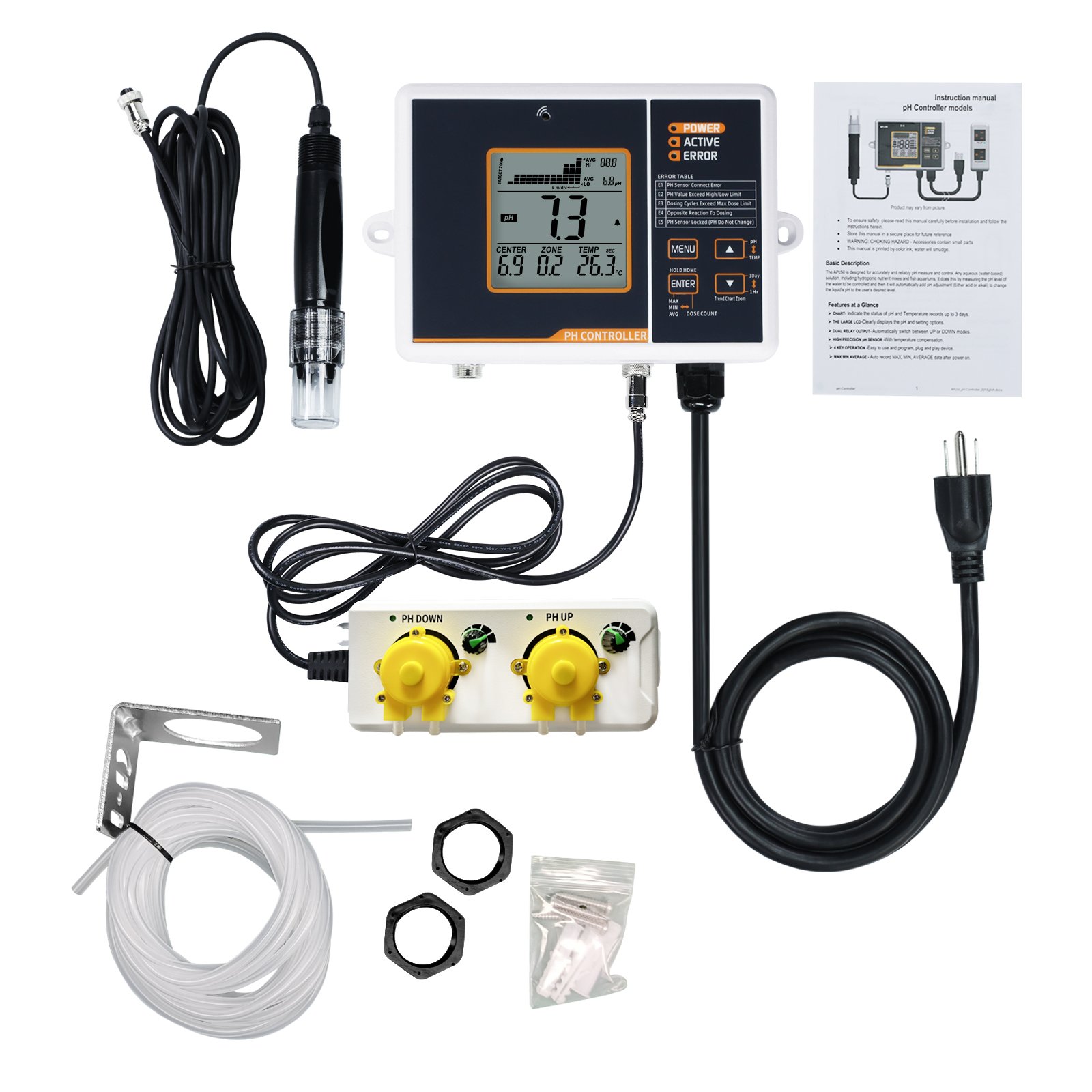 PHC-402 pH Meter Controller W/ Temperature Readings Dual Relay Function for Hydroponic Nutrient Mixes & Fish Aquariums