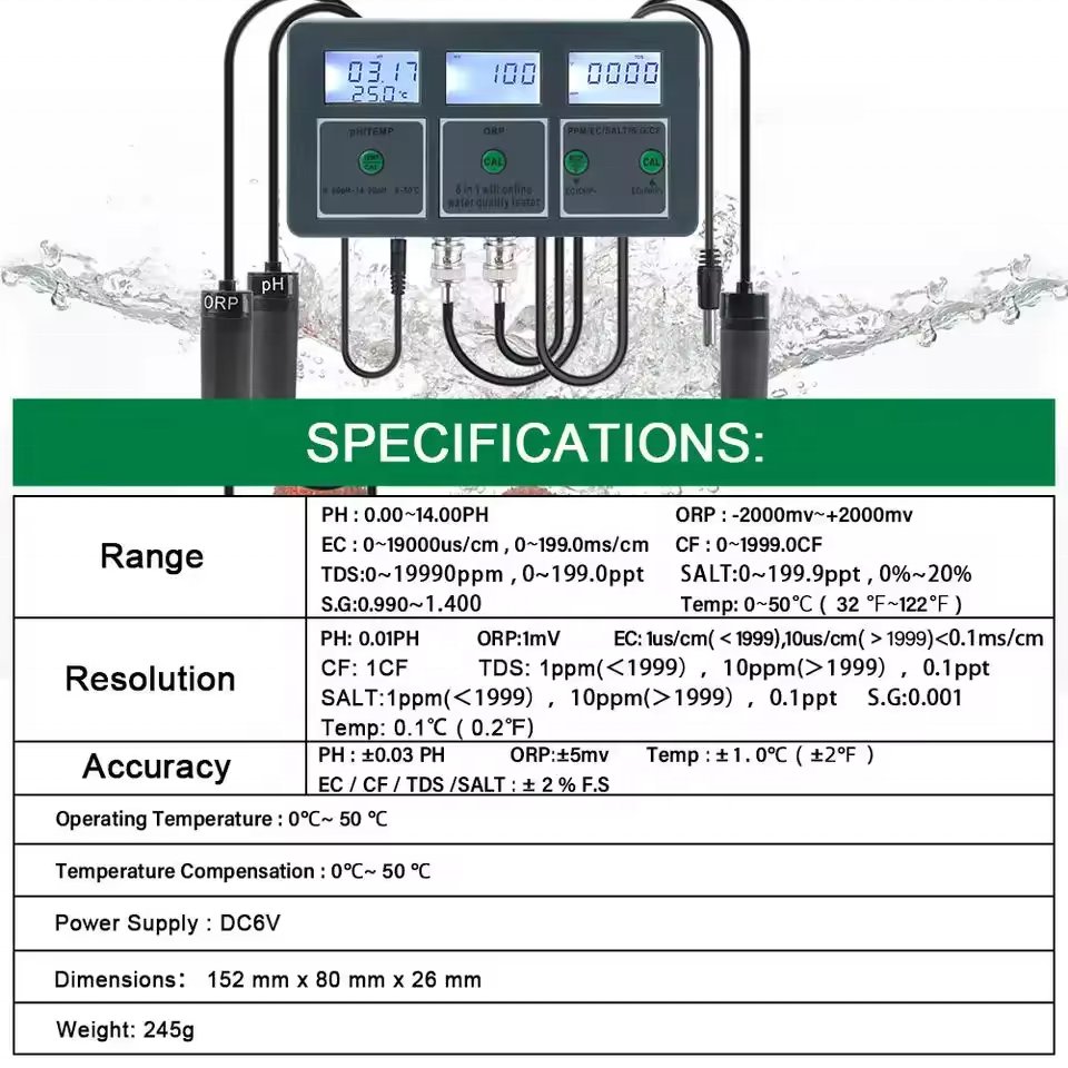 8-in-1 Multifunction Smart Monitor PH EC TDS SALT S.G. Temp ORP FF Meter WIFI Control Water Quality Tester for Aquarium