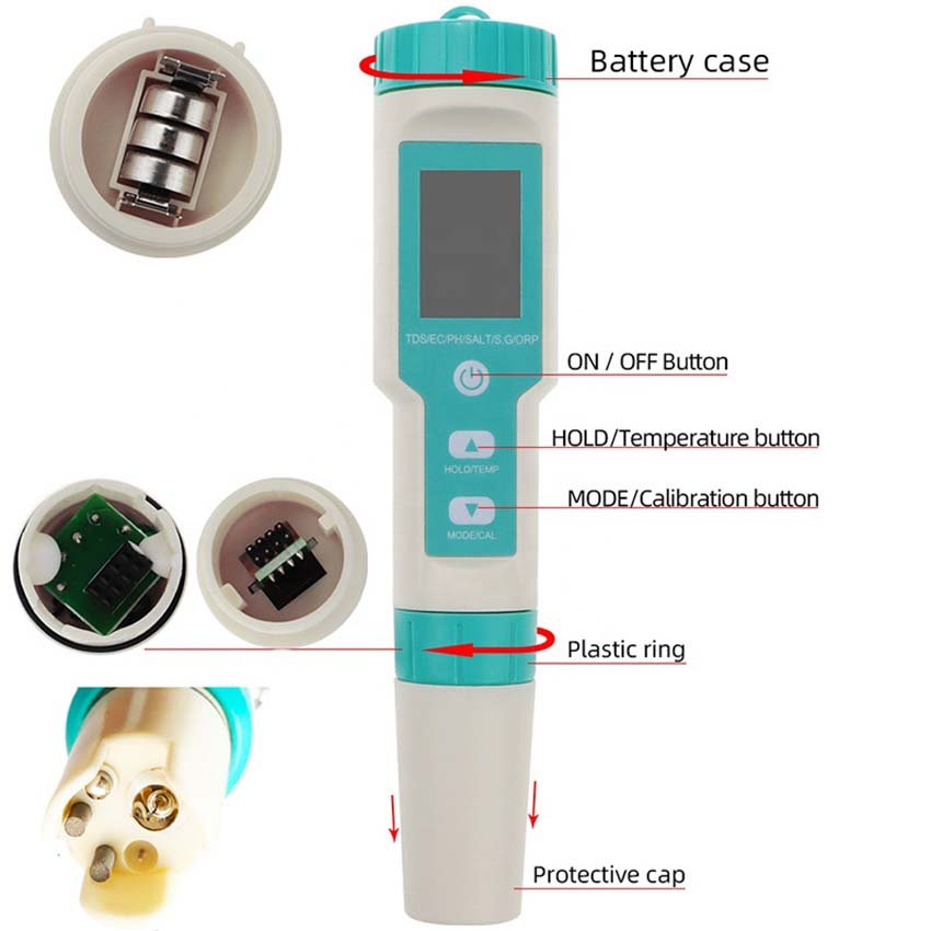 New pH pen 7 in 1 Multi-functional water quality test pen pH value TDS conductivity salinometer temperature specific gravity orp