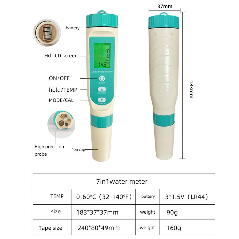 2024 new KRC direct good price 7 in 1 tds meter Digital Ph/ec/tds/specific gravity quality tester for drinking water