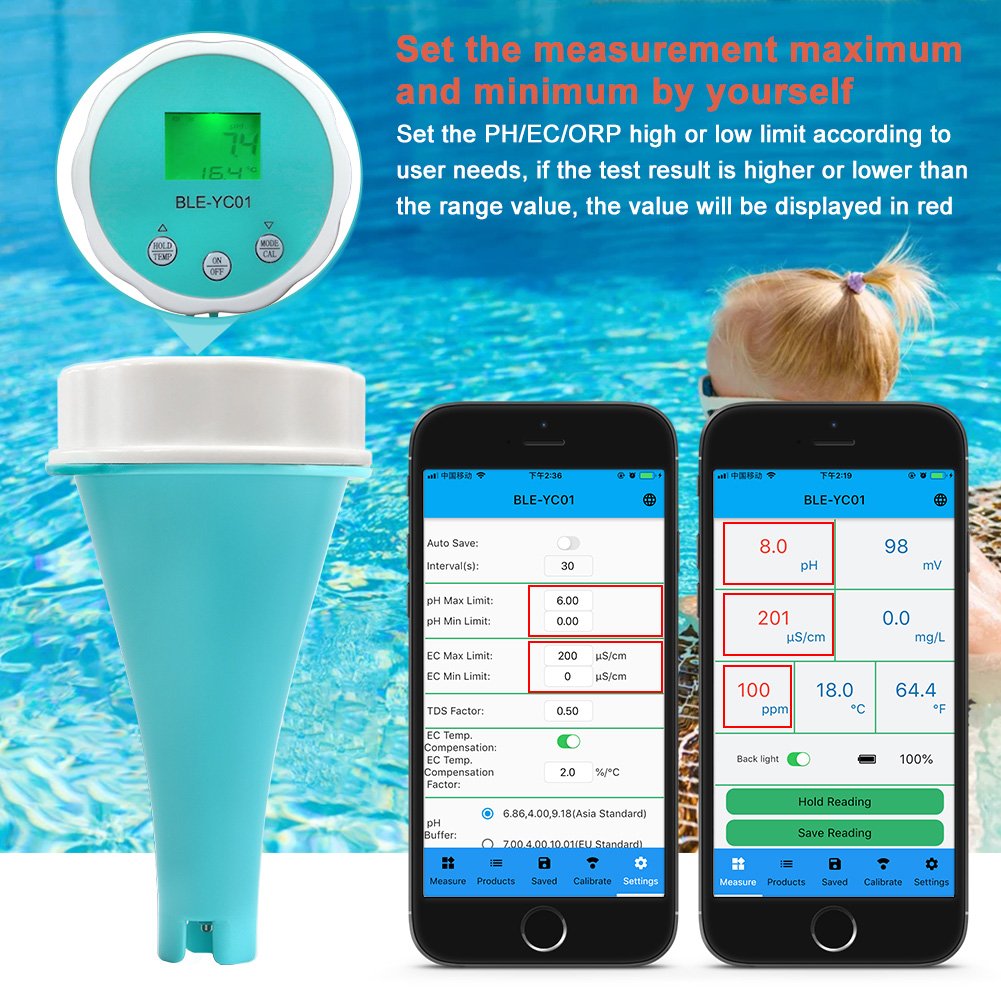 BLE-YC01 Smart Online Bluetooth Water Chlorine/pH/TDS/EC/ORP/TEMP 6 IN 1 Meter PH Meter Powered By Mobile App for Aquarium Pool
