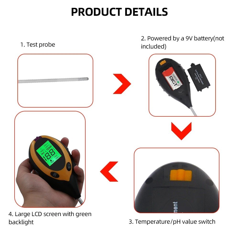 Hot Sale Digital 4 in 1 Soil PH Meter Professional LCD Display Temperature Moisture Sunlight PH Garden Plants Soil Tester Meter