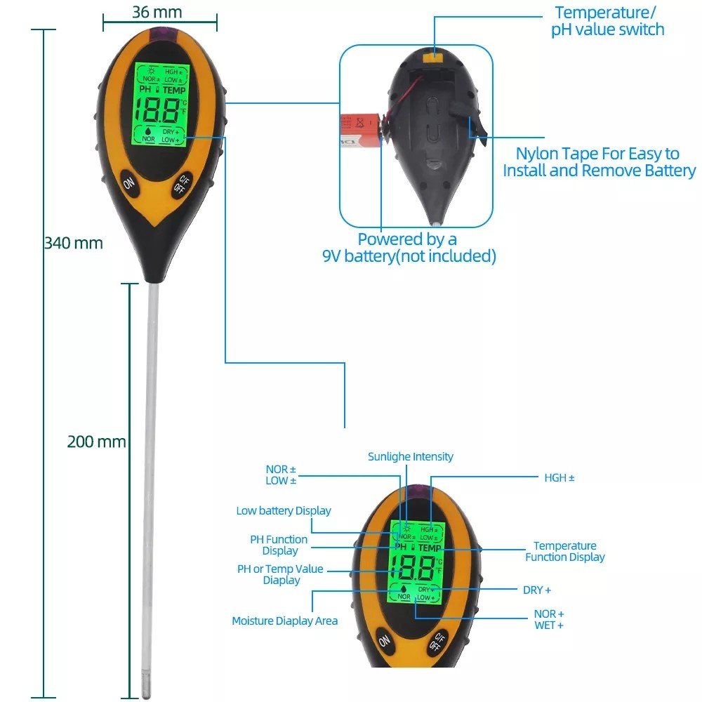 Hot Sale Digital 4 in 1 Soil PH Meter Professional LCD Display Temperature Moisture Sunlight PH Garden Plants Soil Tester Meter