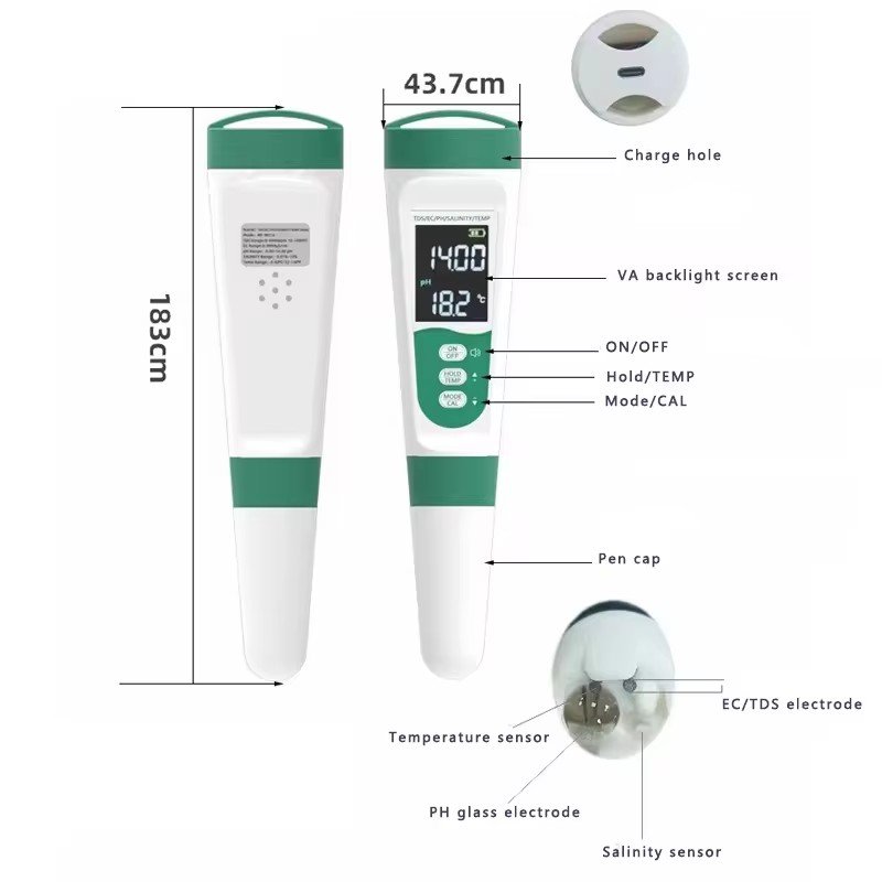Swimming Pool Water Test Kit Digital PH Meter 7-in-1 Multitester Water Quality Salinity Temp Portable Aquarium PH Meter Ph Meter