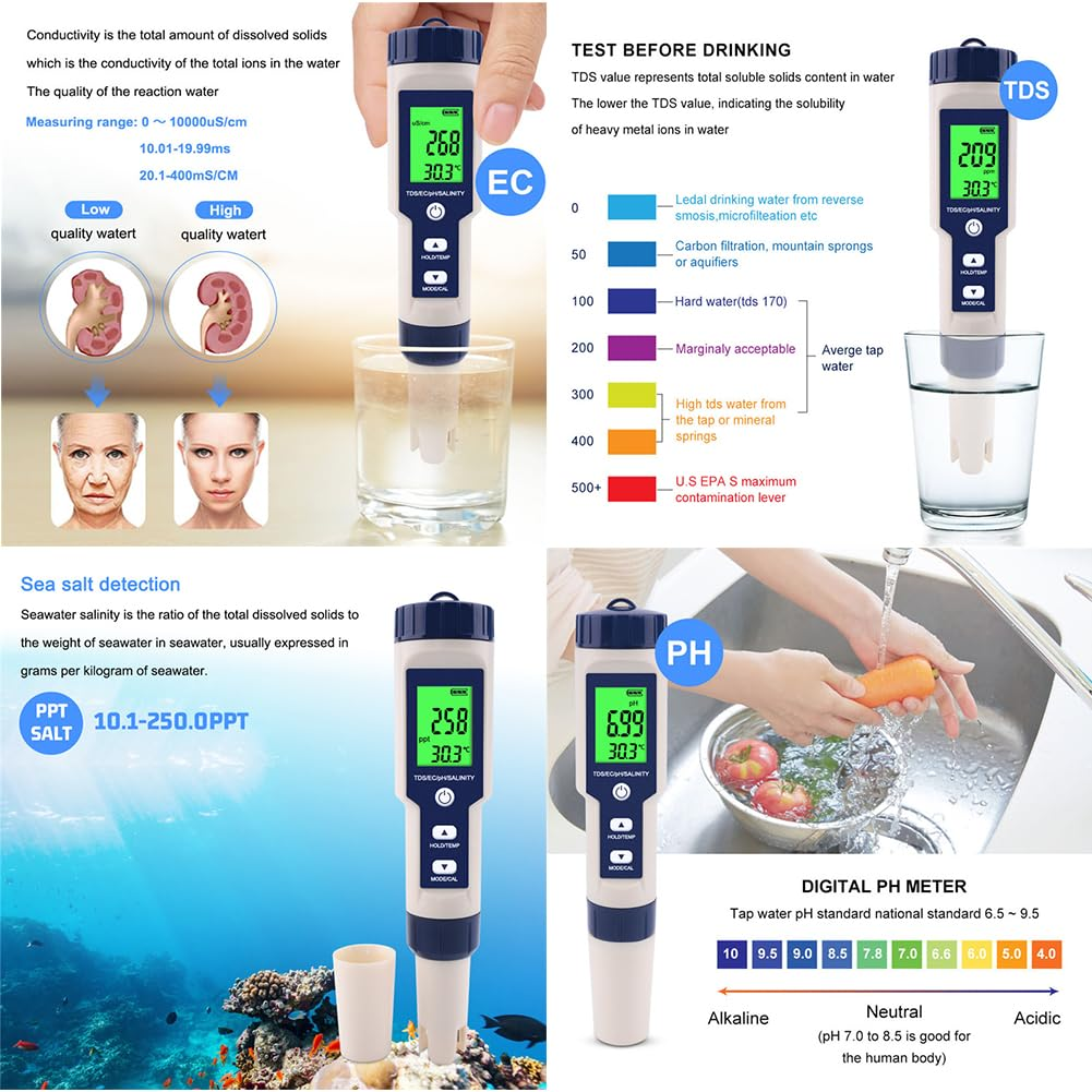 Five-in-One Water Test Pen for TDS/EC/PH/Salinity Conductivity Measurement Industrial Salinometer