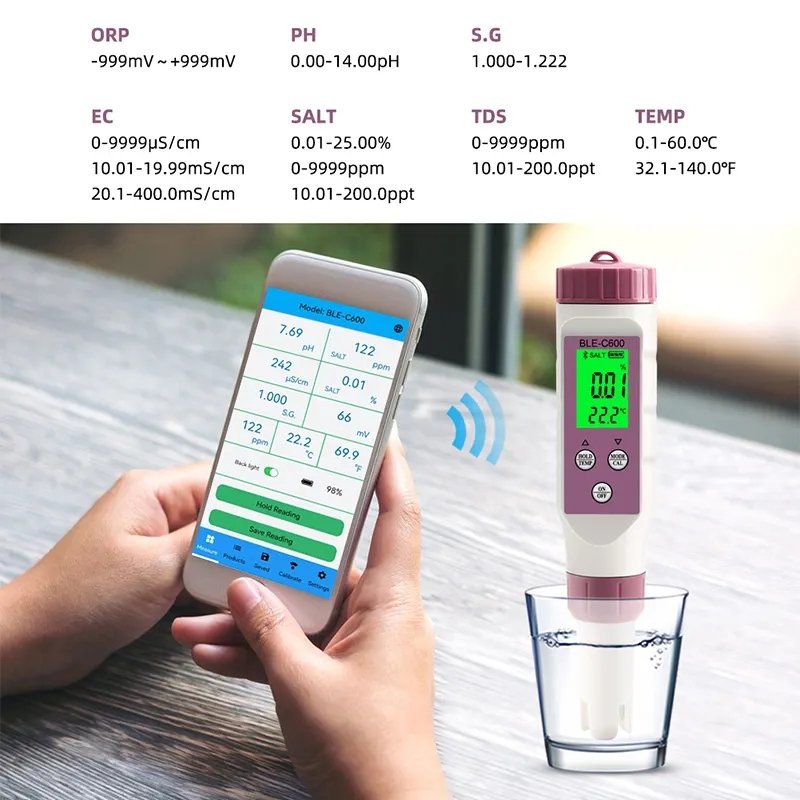 Bluetooth pH Tester 7 in 1 pH ec tds orp Salinity.S.G Temperature Conductivity Sensor Meter for smart pH pocket test kit