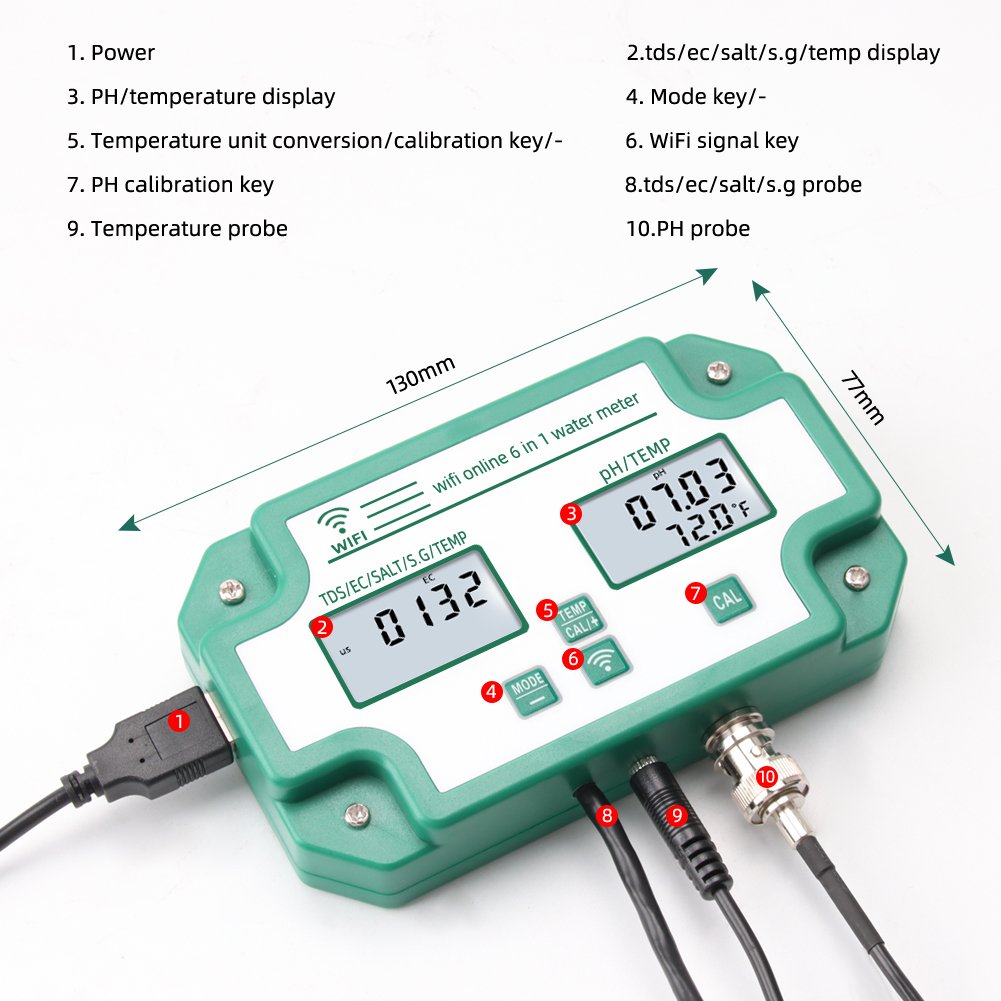 6 IN 1 TDS/EC/PH/Salinity /G.S/Tem Ph Meter Tuya Wifi Online Water Quality Detector With data logger function for hydroponics