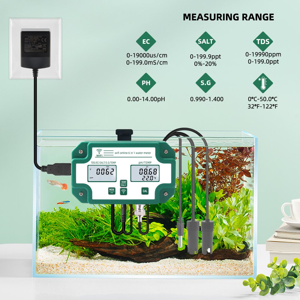 6 IN 1 TDS/EC/PH/Salinity /G.S/Tem Ph Meter Tuya Wifi Online Water Quality Detector With data logger function for hydroponics