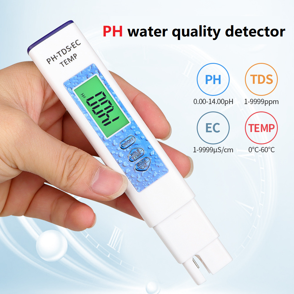 New 4-in-1 Water Quality Test Pen TDS EC PH TEMP Meter for Home Swimming Pools and Aquaculture