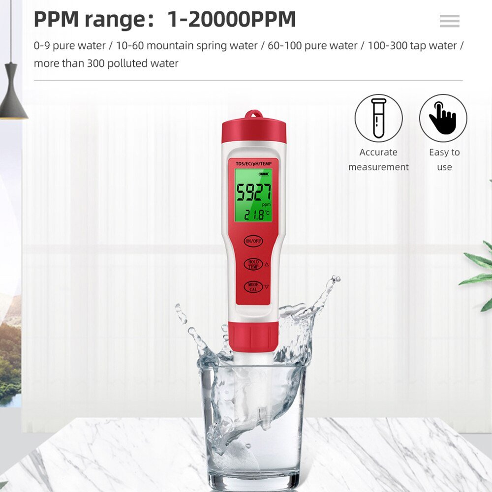 4 in 1 PH TDS EC Temperature Meter Digital Water Quality Monitor Tester for Pools Drinking Water Aquariums