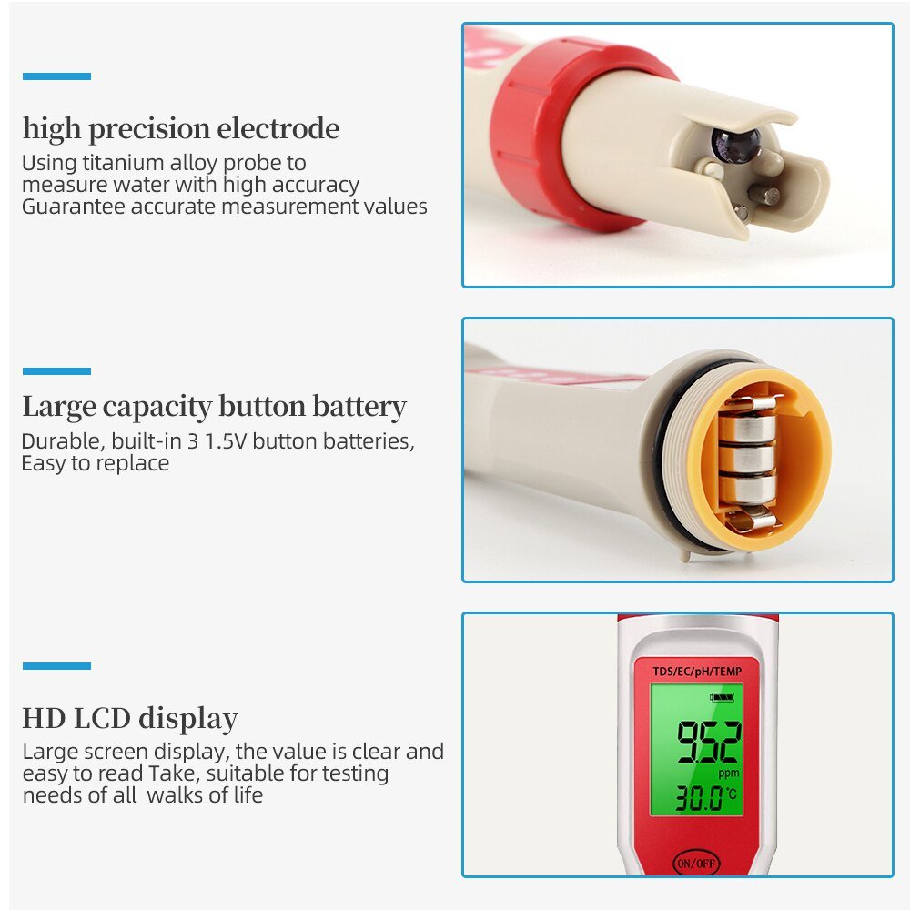 4 in 1 PH TDS EC Temperature Meter Digital Water Quality Monitor Tester for Pools Drinking Water Aquariums