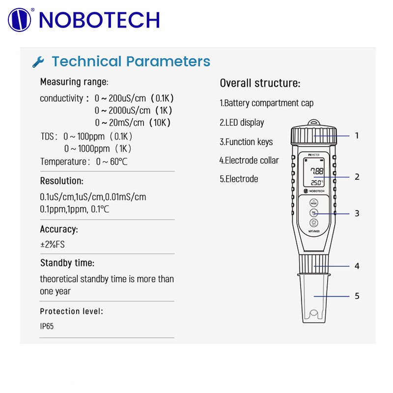 NOBOTECH pen type EC meter for drinking water NPT-CD501 TDS EC Water Quality Test TDS PH EC Temp Meter Pen for laboratory