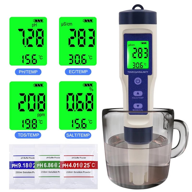 5 in 1 Digital Temperature Meter TDS/EC/PH/Salinity Water Quality Monitor Tester for Pools, Drinking Water, Aquariums