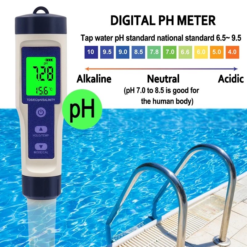 5 in 1 Digital Temperature Meter TDS/EC/PH/Salinity Water Quality Monitor Tester for Pools, Drinking Water, Aquariums