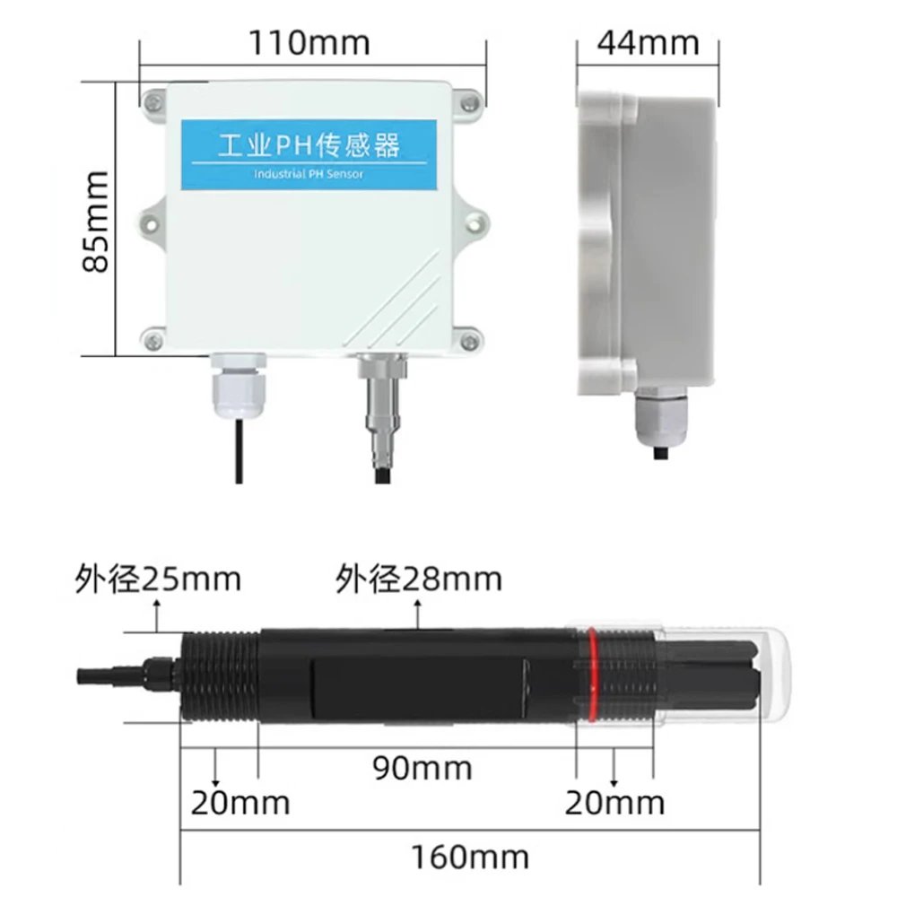 Industrial 5M Line Length PH Meter Water Quality Tester Sensor Temperature Compensation PH Transmitter RS485 0-2V 4-20MA Output