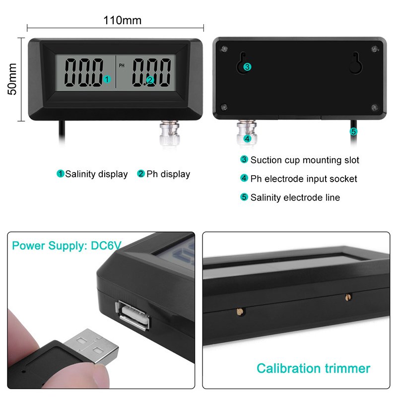 New Online PH & Salinity Monitor, 2-in-1 Ph Meter & Salinity Tester for Aquarium, Pool, Spa, Seawater, Horticultural Water Quali