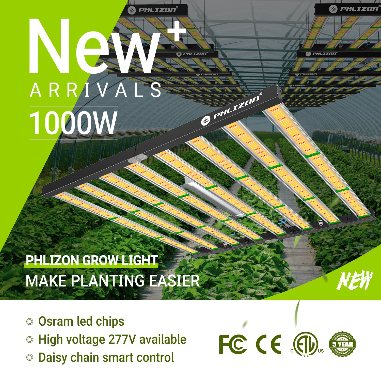 1000w Led Grow Lamp Full Spectrum Phlizon Led Grow Lights 0/1-10V Dimming Knob for Indoor Plant Flowering Growing