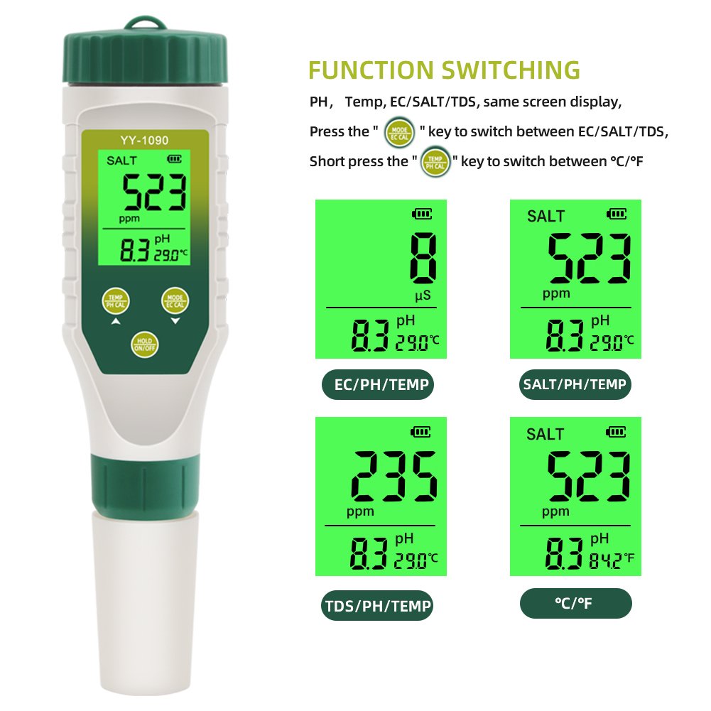 High Quality Multi-function 5 in 1 Salinity / TDS /EC / Temp / PH Meter Water testing Kit for Koi pond Aquaculture Hydroponics