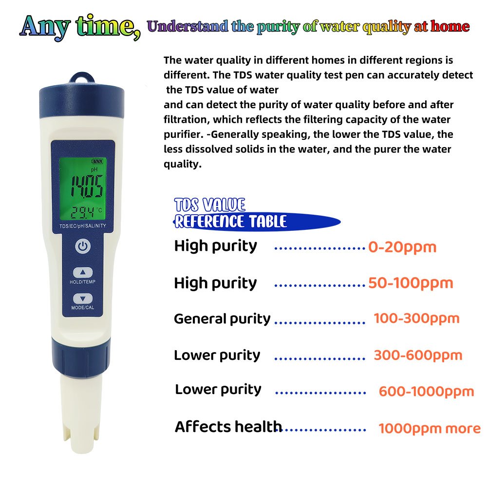 5 in 1 Portable High-Precision pH Salinity Testing Pen Multifunctional Tds Ec pH Salinity Temp Water Quality Tool