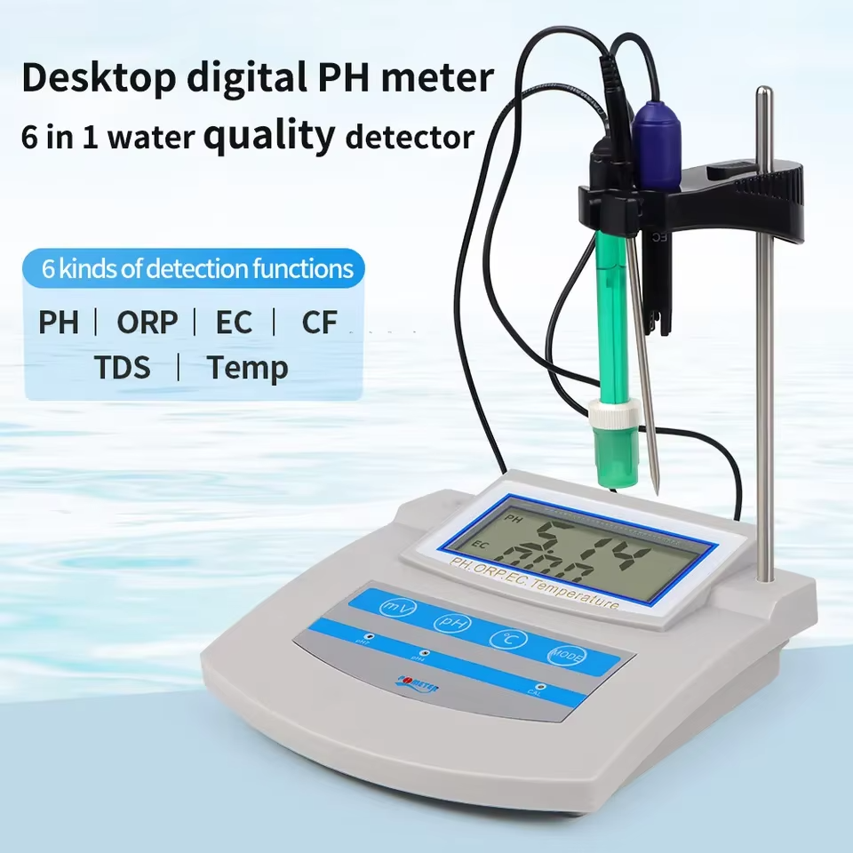 Benchtop 6 in 1 pH Meter Measure pH EC TDS CF ORP Temperature Water Quality Monitor with pH sensor Conductivity Electrode