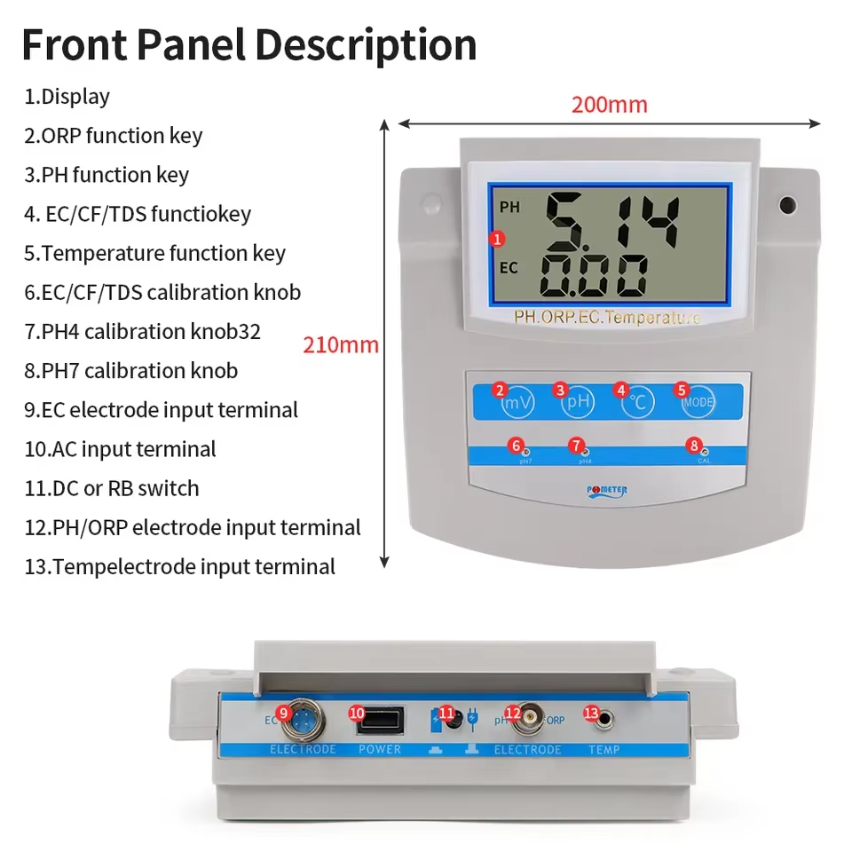 Benchtop 6 in 1 pH Meter Measure pH EC TDS CF ORP Temperature Water Quality Monitor with pH sensor Conductivity Electrode
