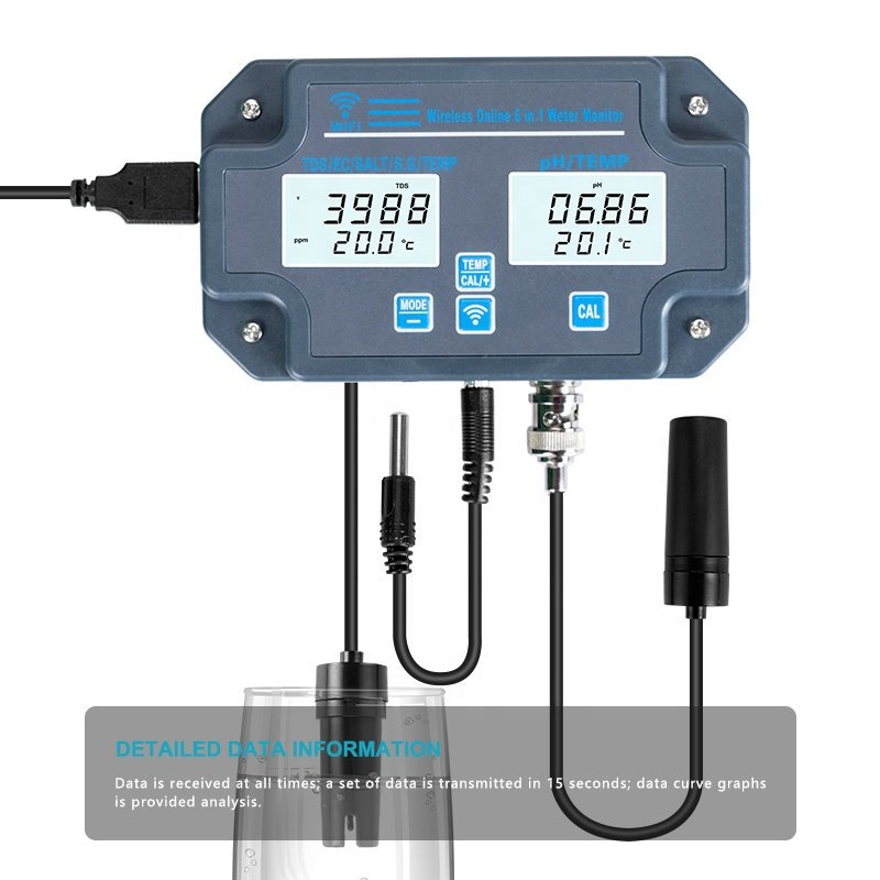 Wifi Digital ph monitor 6 in 1 Wireless PH meter TDS EC TEMP SALT S.G. Meter APP Aquarium pH monitor