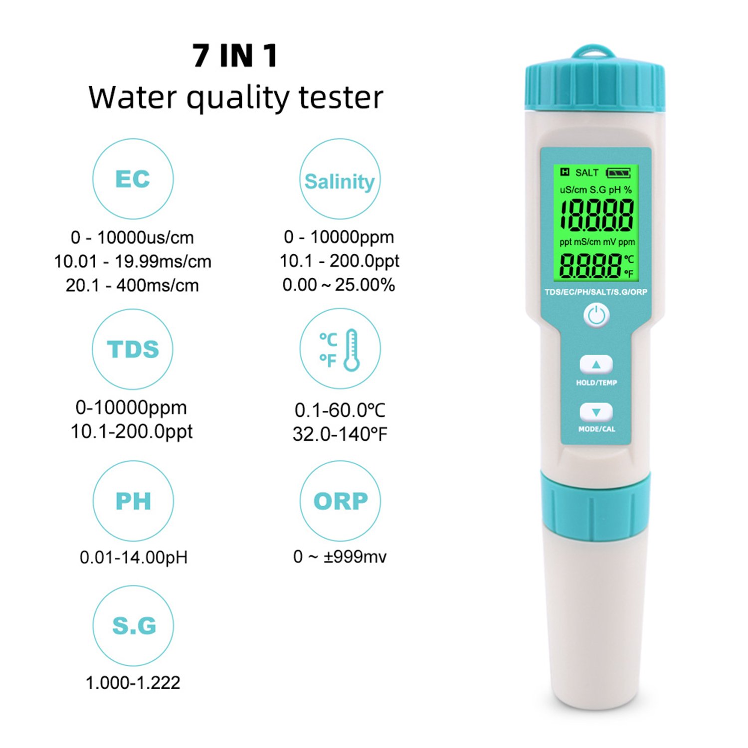 7 in 1 PH Meter temperature EC CF RH TDS digital water quality monitor tester for drinking water test