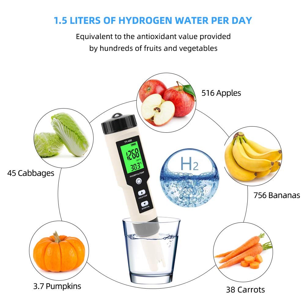 4 in1 pH/ORP/H2/TEMP Meter Hydrogen Ion Concentration Tester 0.005 pH Accuracy Digital Water Quality Tester with ATC