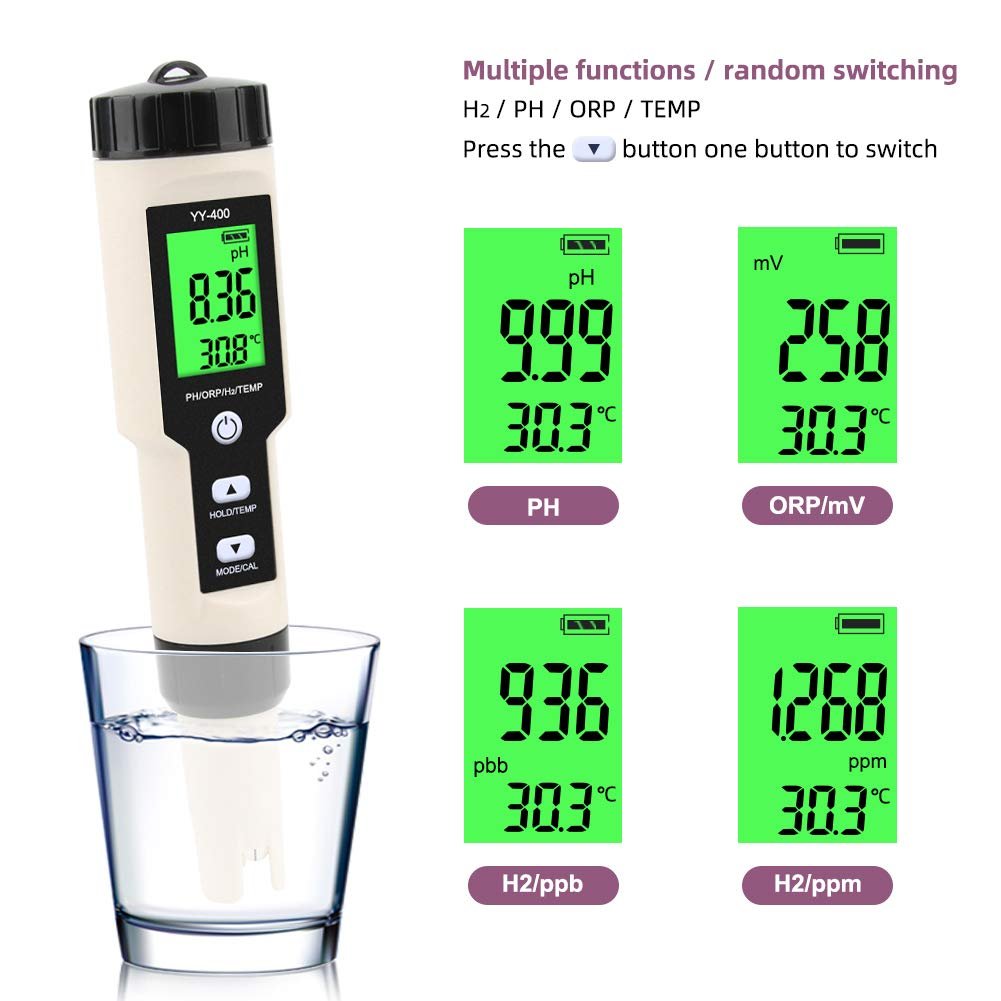 4 in1 pH/ORP/H2/TEMP Meter Hydrogen Ion Concentration Tester 0.005 pH Accuracy Digital Water Quality Tester with ATC