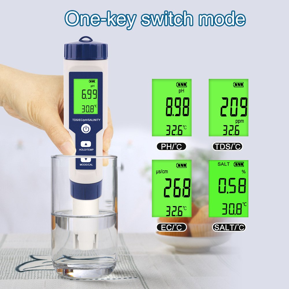 5 in 1 Digital Temperature Meter TDS/EC/PH/Salinity Water Quality Monitor Tester for Pools, Drinking Water, Aquariums