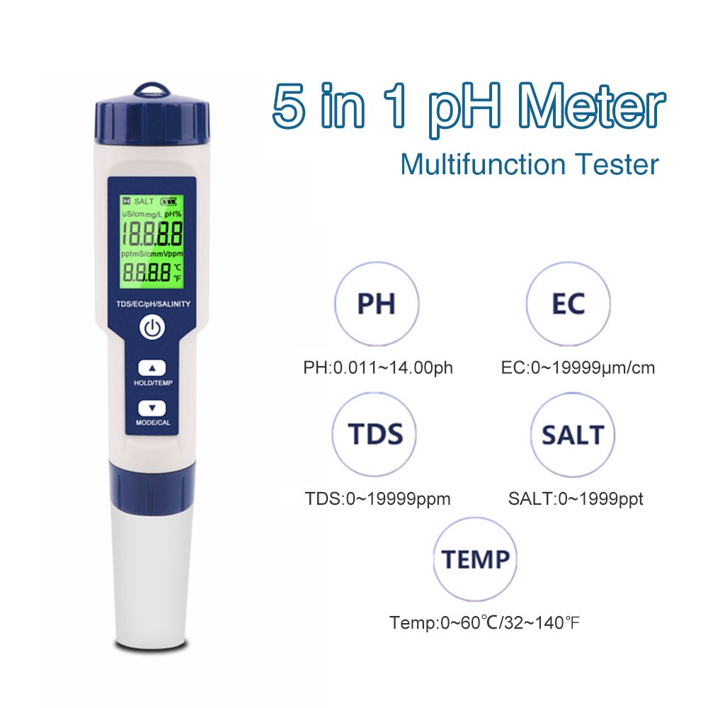 5 in 1 Digital Temperature Meter TDS/EC/PH/Salinity Water Quality Monitor Tester for Pools, Drinking Water, Aquariums