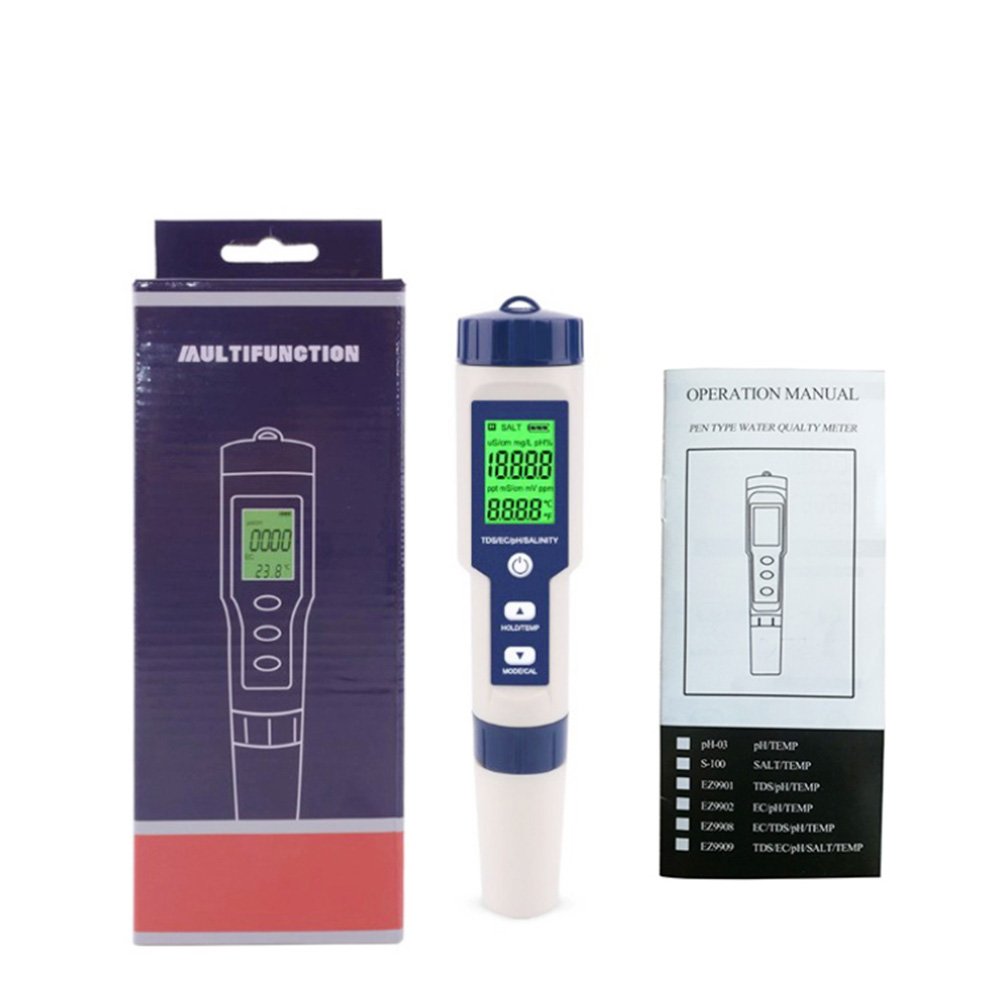 5 in 1 Digital Temperature Meter TDS/EC/PH/Salinity Water Quality Monitor Tester for Pools, Drinking Water, Aquariums