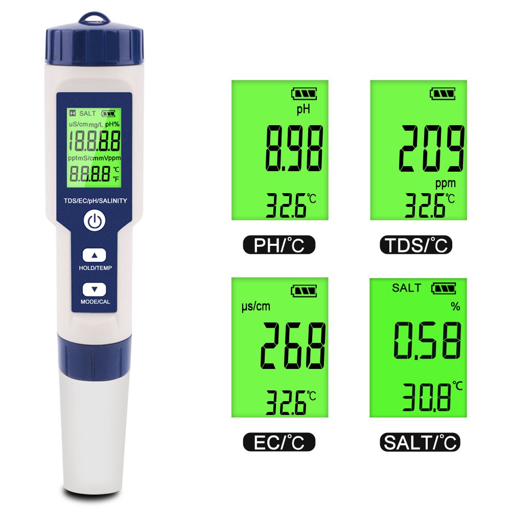 5 in 1 Digital Temperature Meter TDS/EC/PH/Salinity Water Quality Monitor Tester for Pools, Drinking Water, Aquariums