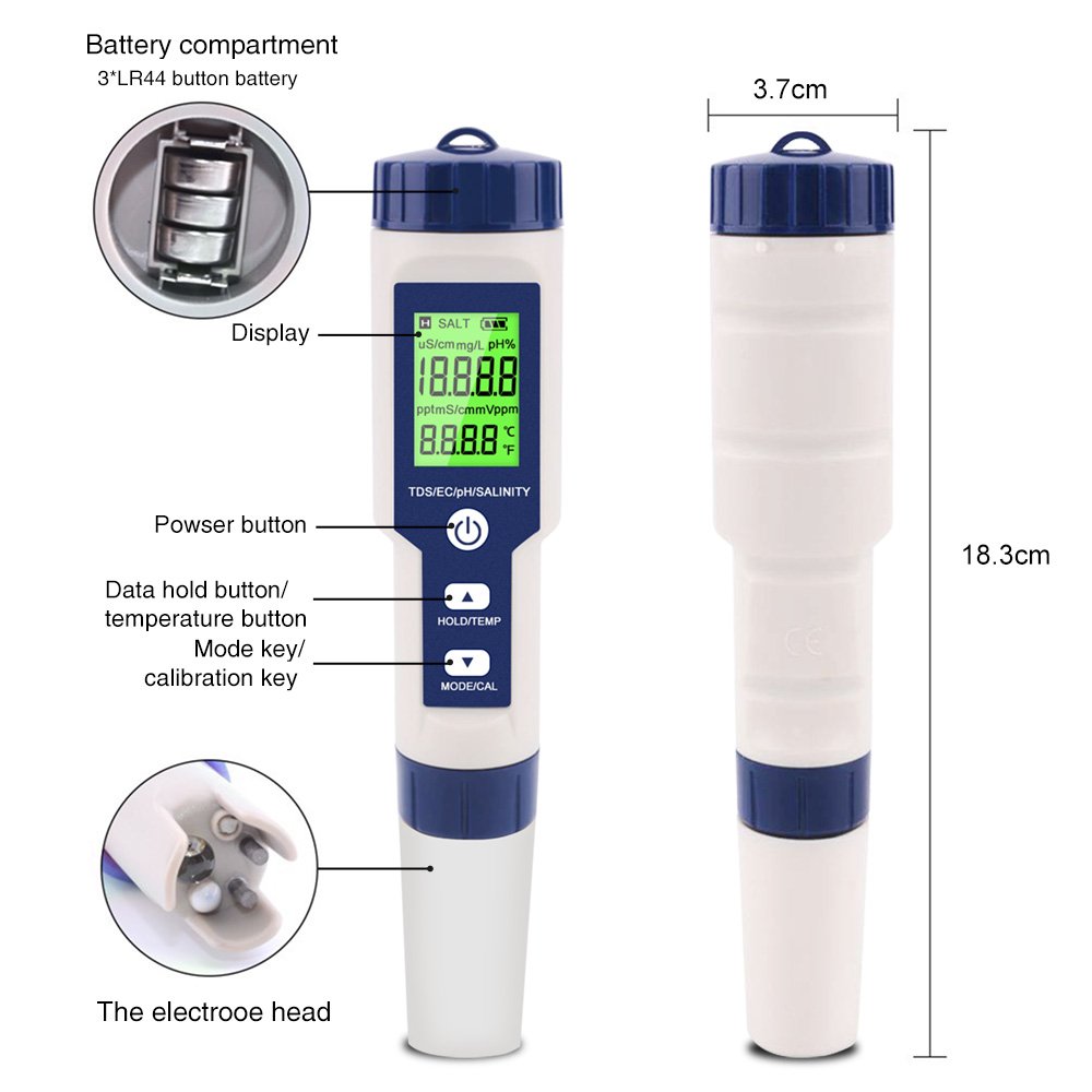 5 in 1 Digital Temperature Meter TDS/EC/PH/Salinity Water Quality Monitor Tester for Pools, Drinking Water, Aquariums
